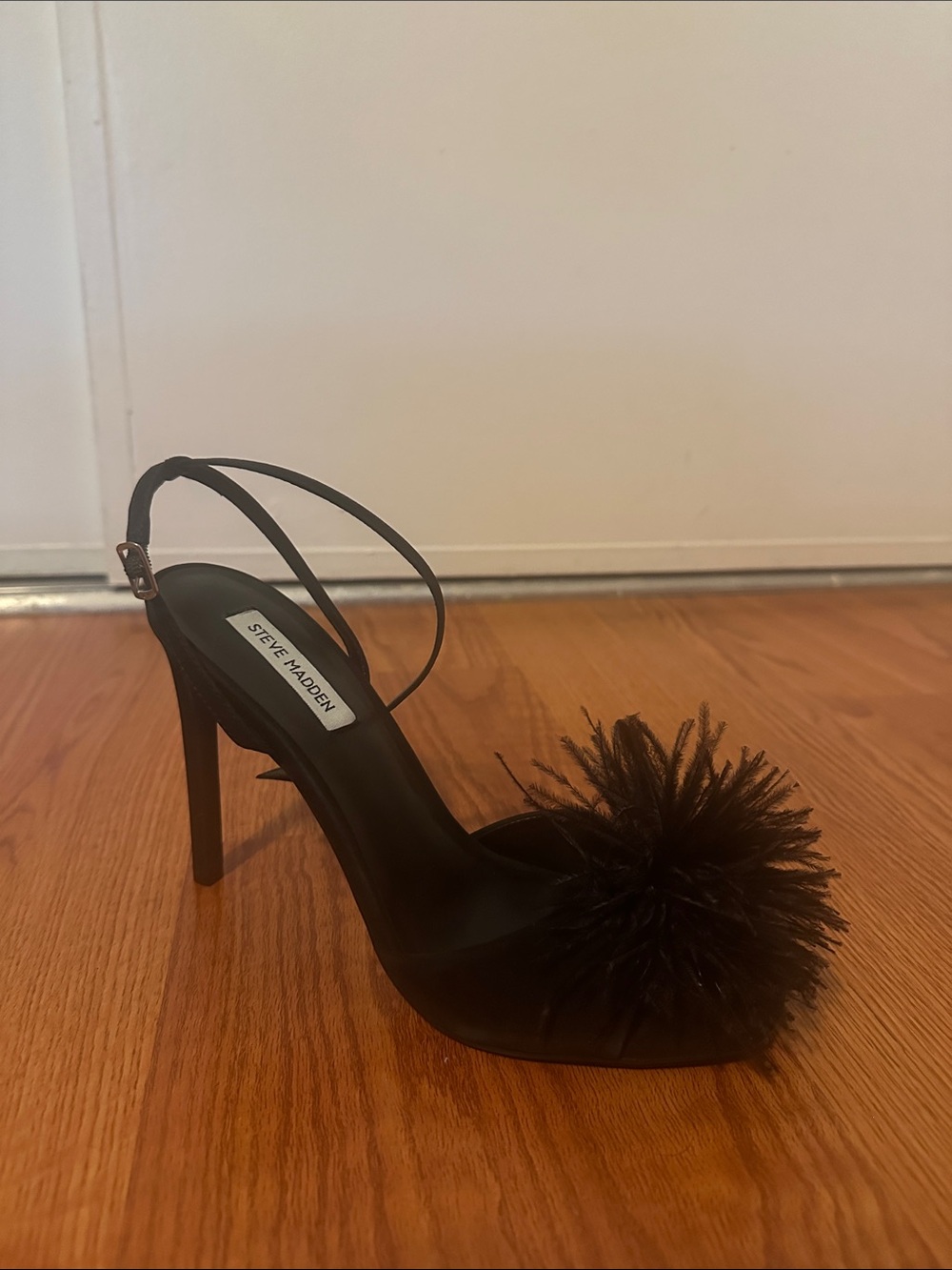Steve Madden “Crush” Black Feather Pom Stiletto Slingback